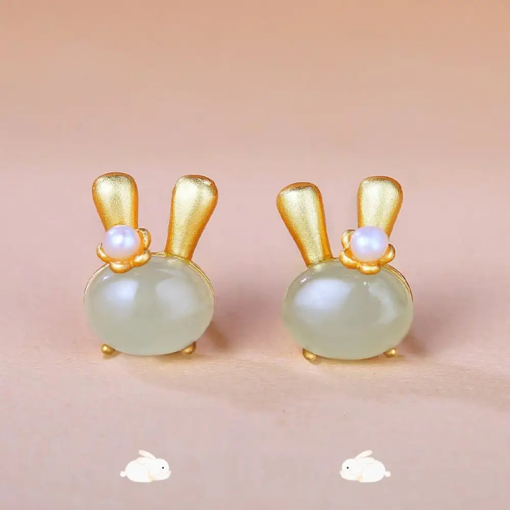 BWOOOH 925 Sterling Silver Natural Hetian Jade Cute Rabbit Pearl Abundance Earrings — Sterling Silver jade bracelet for sp...