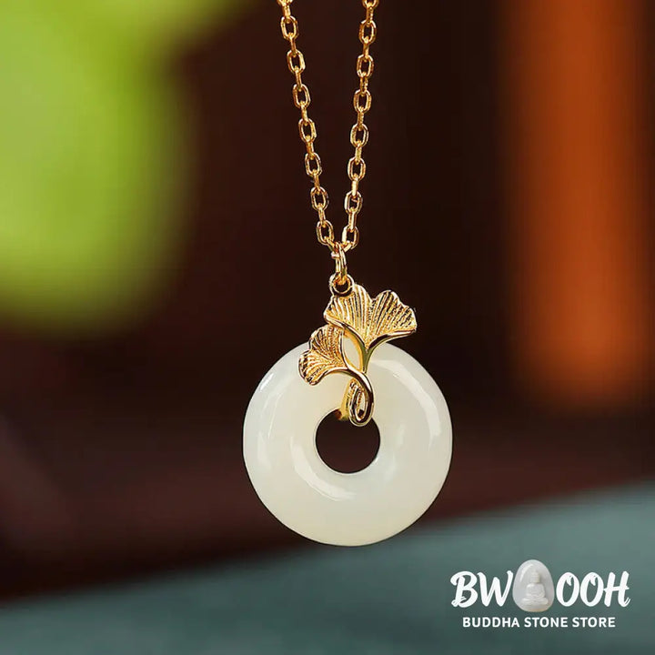 Buddha Stones 925 Sterling Silver Natural Hetian Jade Ginkgo Leaf Peace Buckle Luck Necklace Pendant - BWOOOH - Hetian