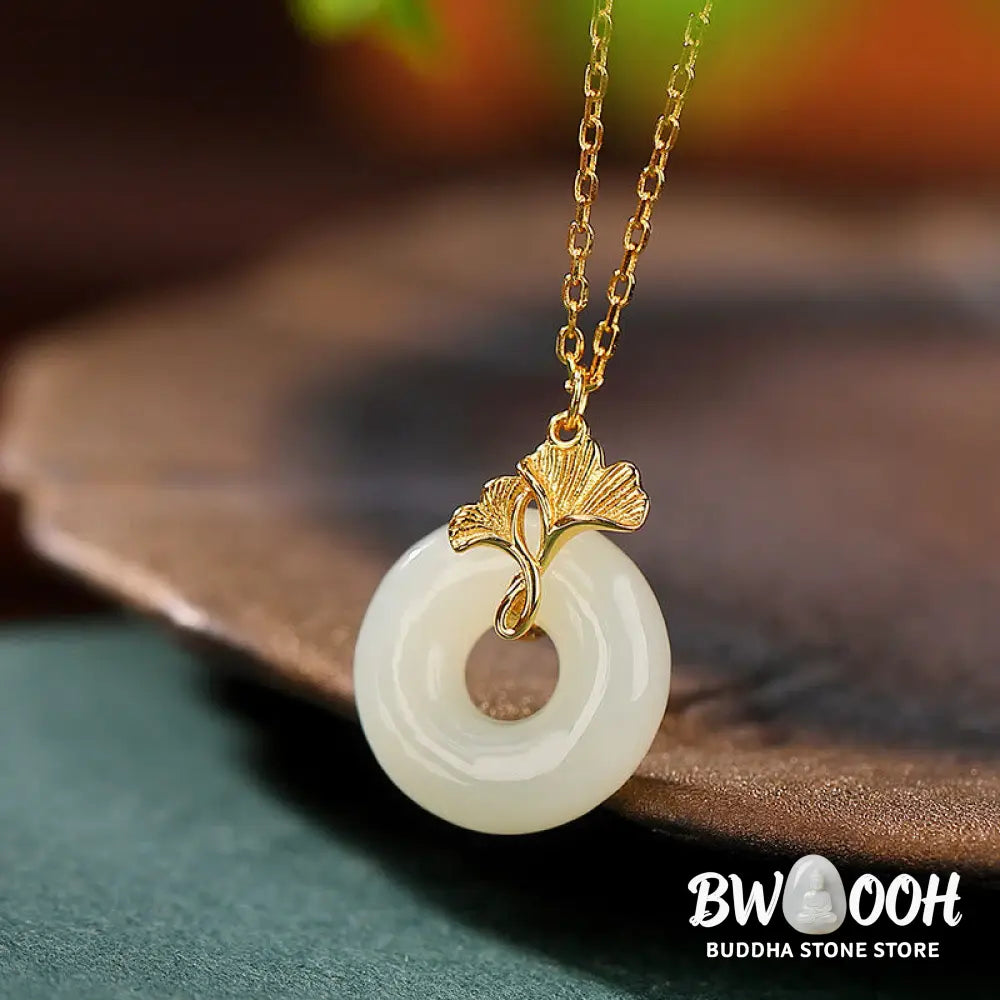 Buddha Stones 925 Sterling Silver Natural Hetian Jade Ginkgo Leaf Peace Buckle Luck Necklace Pendant - BWOOOH - Hetian
