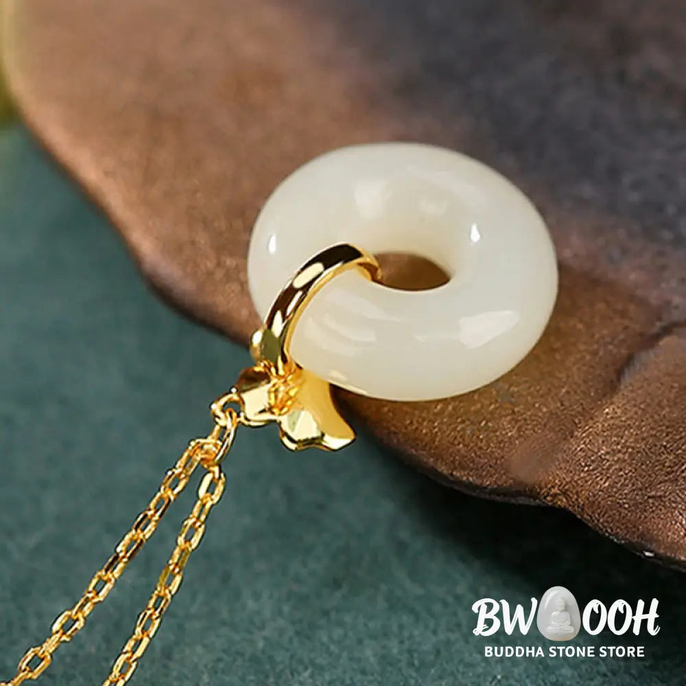 Buddha Stones 925 Sterling Silver Natural Hetian Jade Ginkgo Leaf Peace Buckle Luck Necklace Pendant - BWOOOH - Hetian