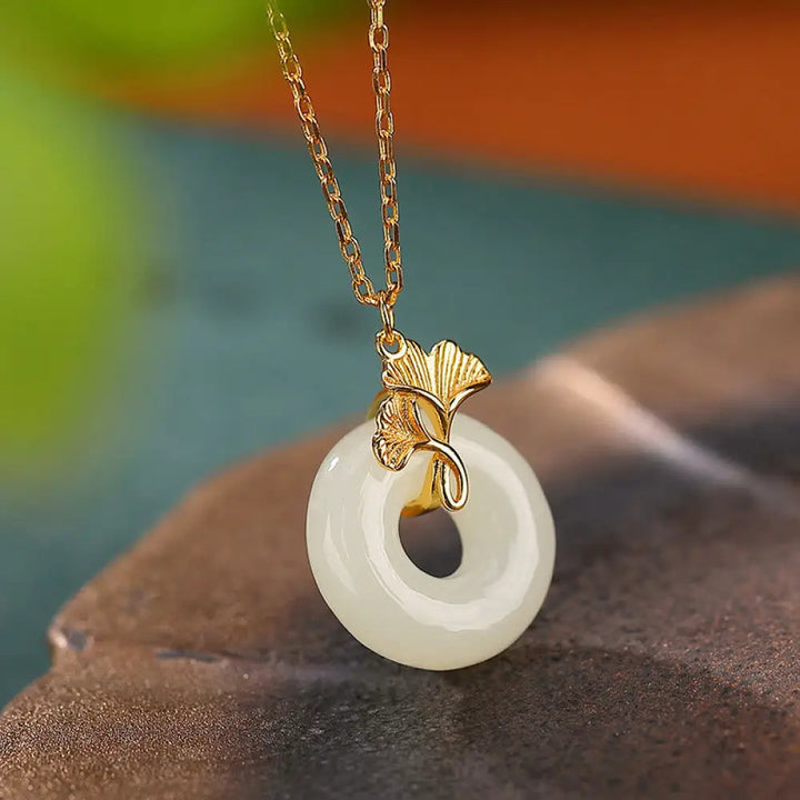 BWOOOH 925 sterling silver natural Hetian jade ginkgo leaf peace buckle luck necklace pendant