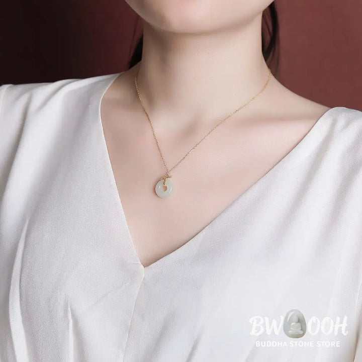 Buddha Stones 925 Sterling Silver Natural Hetian Jade Ginkgo Leaf Peace Buckle Luck Necklace Pendant - BWOOOH - Hetian
