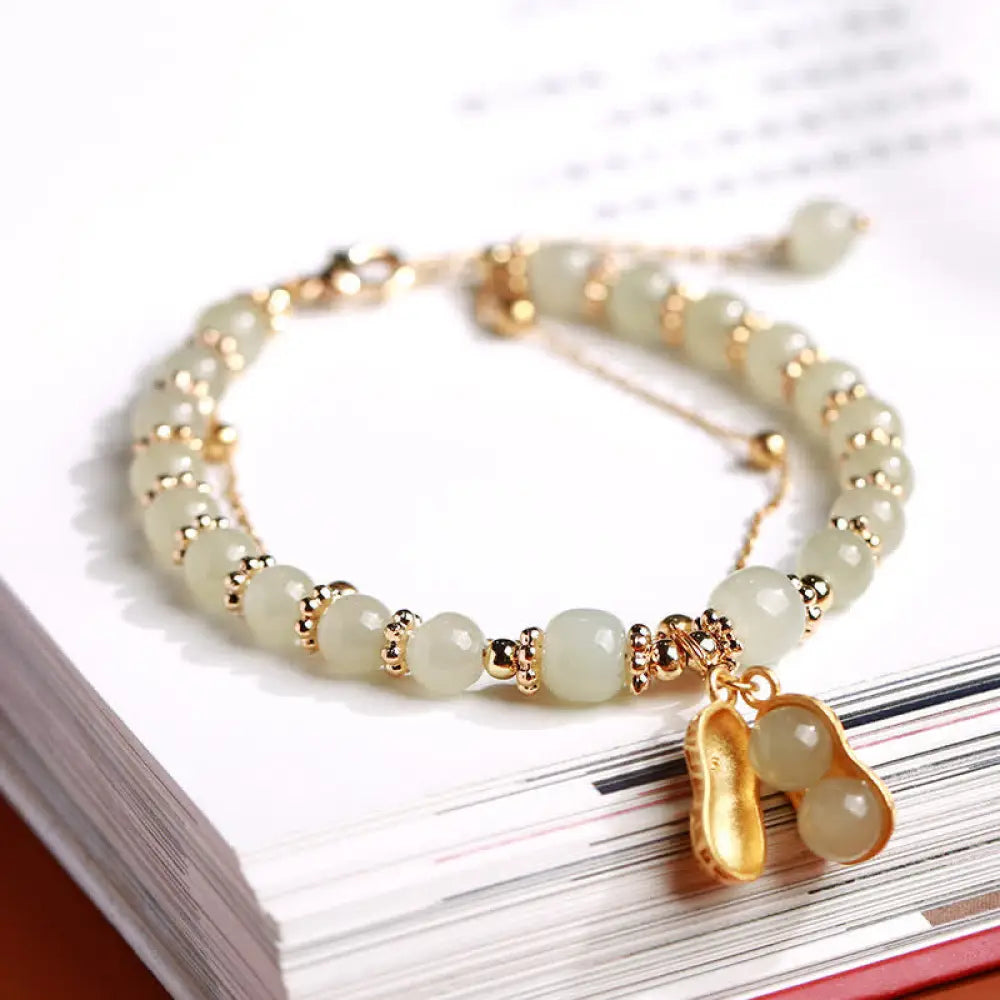 BWOOOH 925 Sterling Silver Natural Hetian Jade Good Things Happen Peanut Charm Bracelet - BWOOOH - Hetian