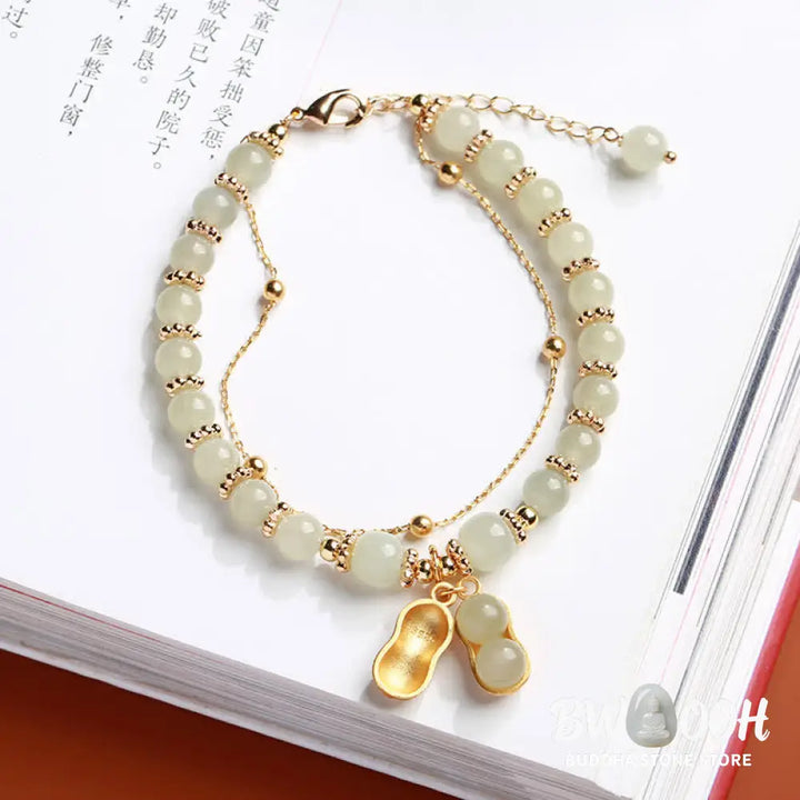 Buddha Stones 925 Sterling Silver Natural Hetian Jade Good Things Happen Peanut Charm Bracelet - BWOOOH - Hetian