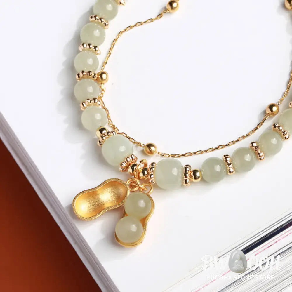 Buddha Stones 925 Sterling Silver Natural Hetian Jade Good Things Happen Peanut Charm Bracelet - BWOOOH - Hetian