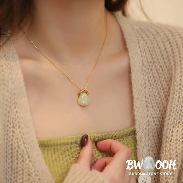 Buddha Stones 925 Sterling Silver Natural Hetian Jade Laughing Buddha Abundance Chain Necklace Pendant - BWOOOH