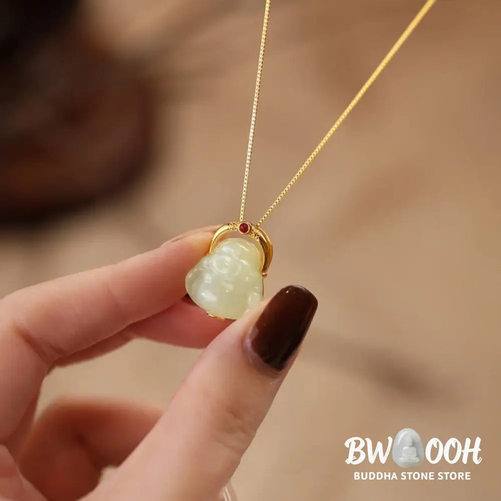 Buddha Stones 925 Sterling Silver Natural Hetian Jade Laughing Buddha Abundance Chain Necklace Pendant - BWOOOH
