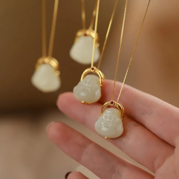 BWOOOH 925 Sterling Silver Natural Hetian Jade Laughing Buddha Abundance Chain Necklace Pendant 45cm