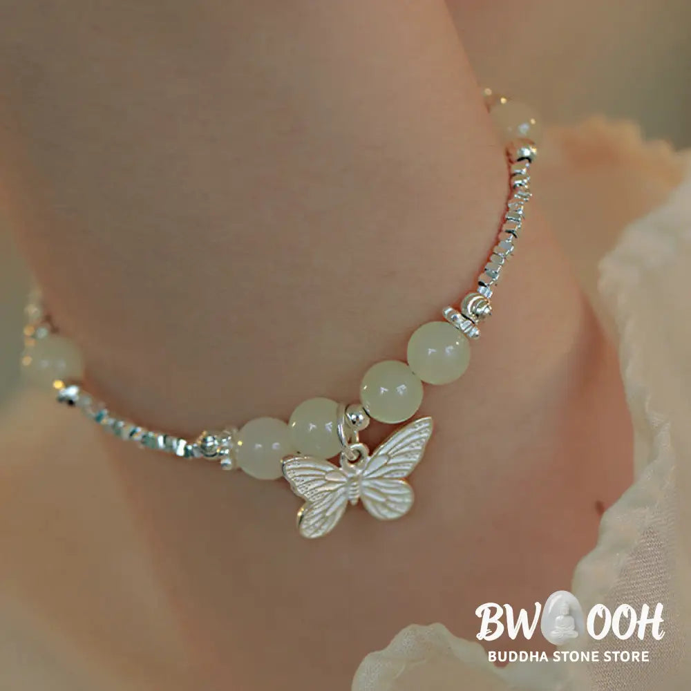 Buddha Stones 925 Sterling Silver Natural Hetian Jade Luck Butterfly Charm Bracelet - BWOOOH - Hetian Jade(Wrist