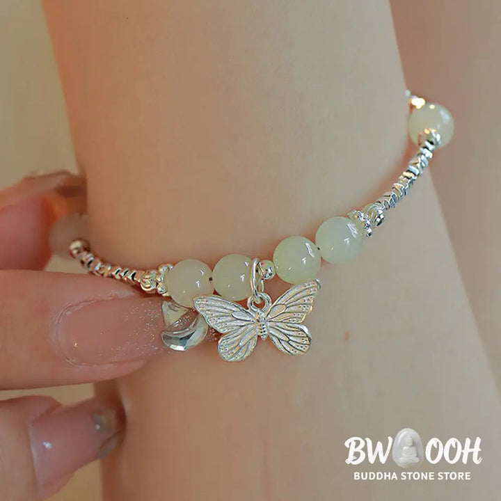 Buddha Stones 925 Sterling Silver Natural Hetian Jade Luck Butterfly Charm Bracelet - BWOOOH - Hetian Jade(Wrist
