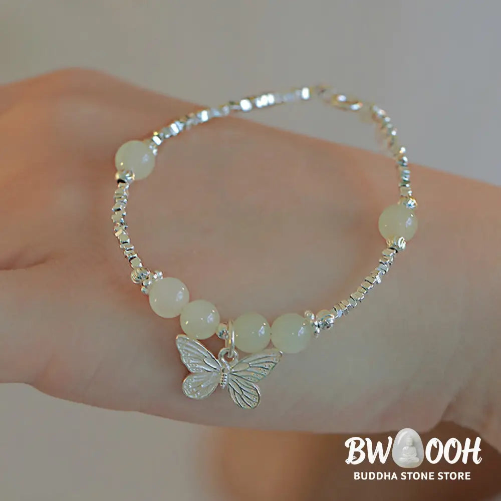 Buddha Stones 925 Sterling Silver Natural Hetian Jade Luck Butterfly Charm Bracelet - BWOOOH - Hetian Jade(Wrist