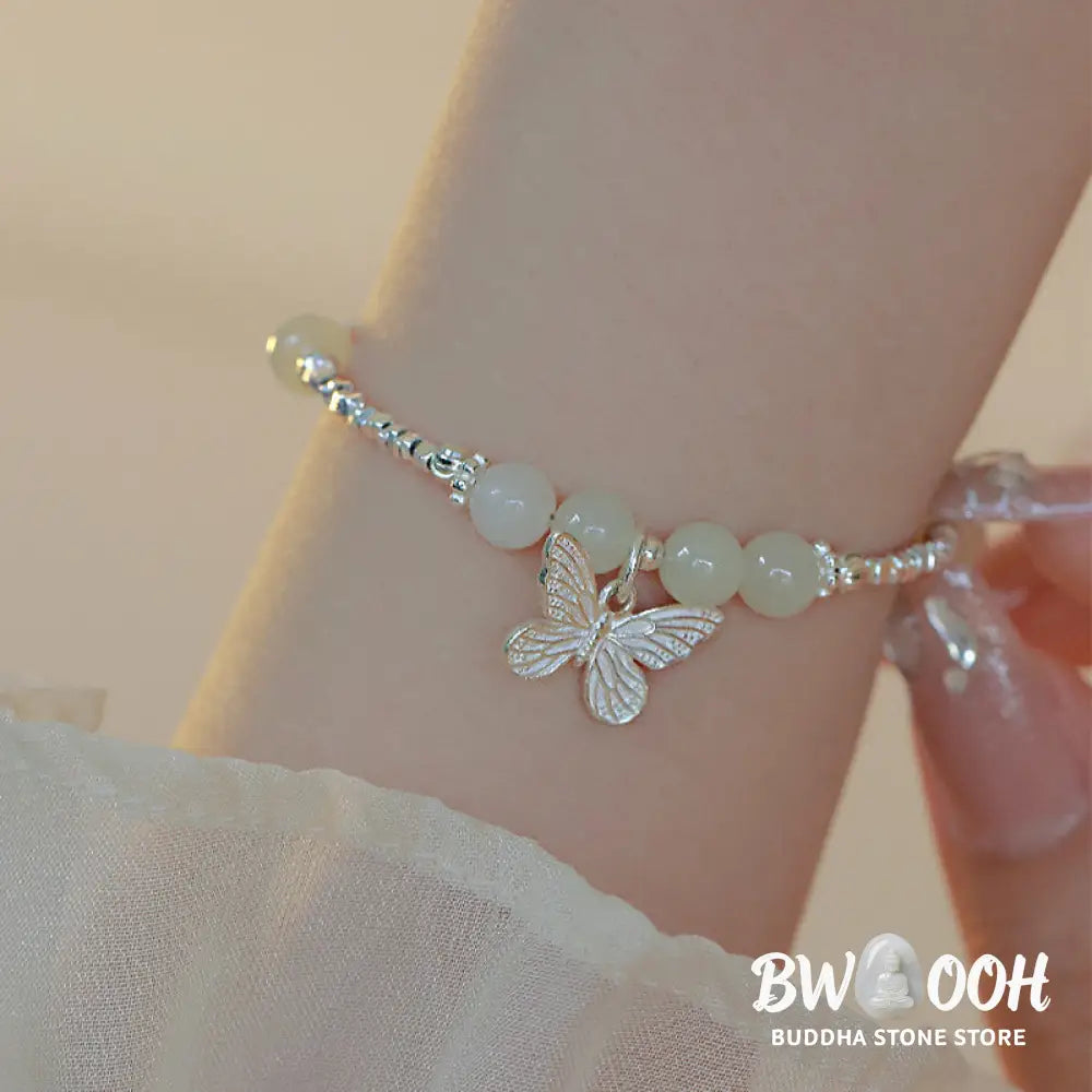 Buddha Stones 925 Sterling Silver Natural Hetian Jade Luck Butterfly Charm Bracelet - BWOOOH - Hetian Jade(Wrist