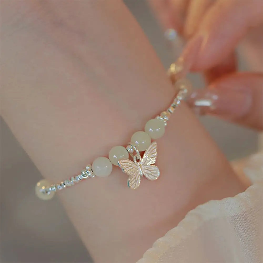 BWOOOH 925 Sterling Silver Natural Hetian Jade Luck Butterfly Charm Bracelet - BWOOOH - Hetian Jade(Wrist