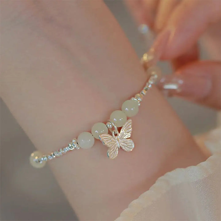 BWOOOH 925 Sterling Silver Natural Hetian Jade Luck Butterfly Charm Bracelet - BWOOOH - Hetian Jade(Wrist