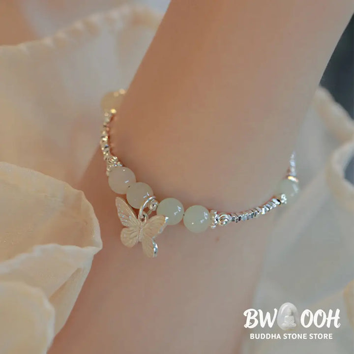 Buddha Stones 925 Sterling Silver Natural Hetian Jade Luck Butterfly Charm Bracelet - BWOOOH - Hetian Jade(Wrist
