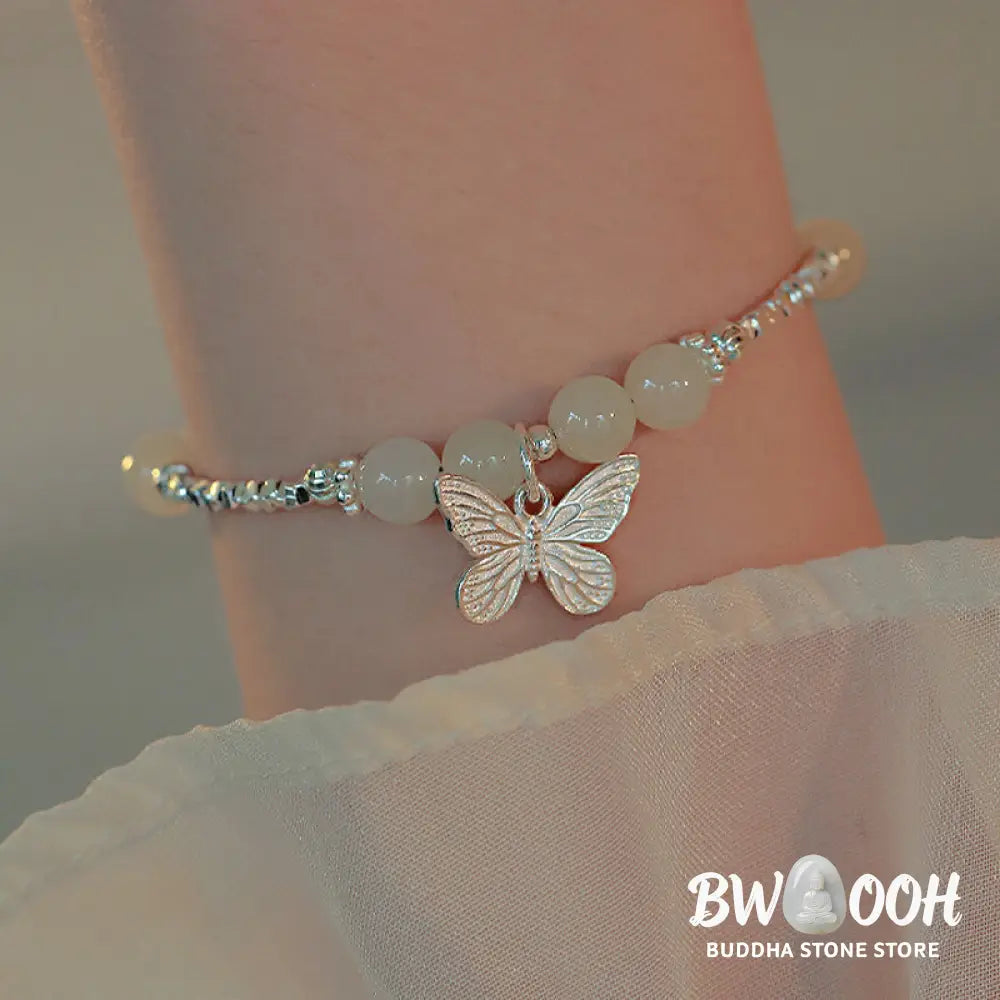 Buddha Stones 925 Sterling Silver Natural Hetian Jade Luck Butterfly Charm Bracelet - BWOOOH - Hetian Jade(Wrist