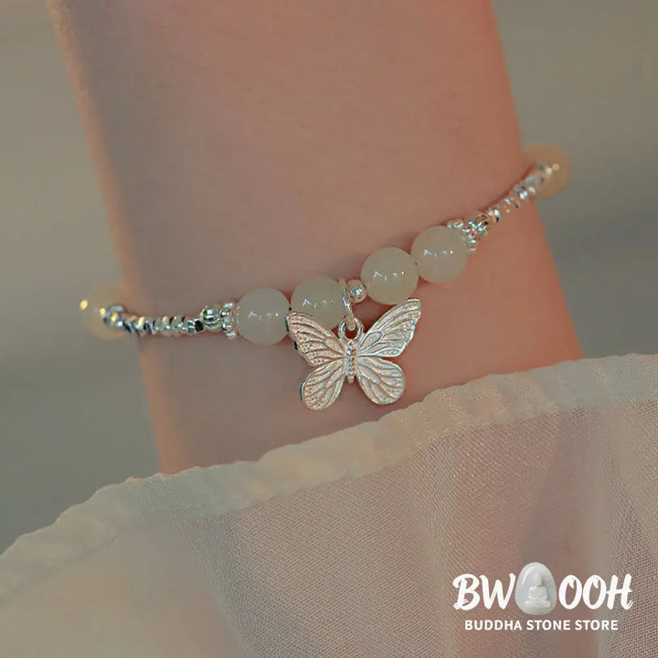 Buddha Stones 925 Sterling Silver Natural Hetian Jade Luck Butterfly Charm Bracelet - BWOOOH - Hetian Jade(Wrist
