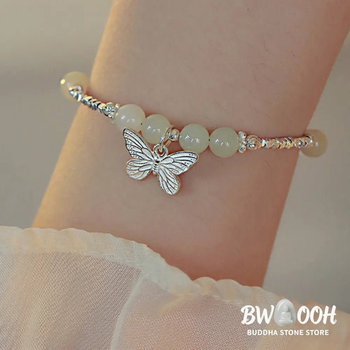 Buddha Stones 925 Sterling Silver Natural Hetian Jade Luck Butterfly Charm Bracelet - BWOOOH - Hetian Jade(Wrist