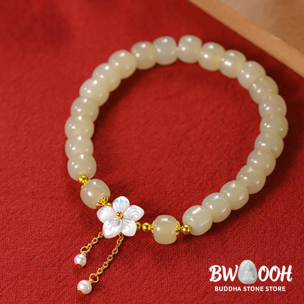 Buddha Stones 925 Sterling Silver Natural Hetian Jade Luck Flower Bracelet - BWOOOH - Hetian Jade(Wrist Circumference