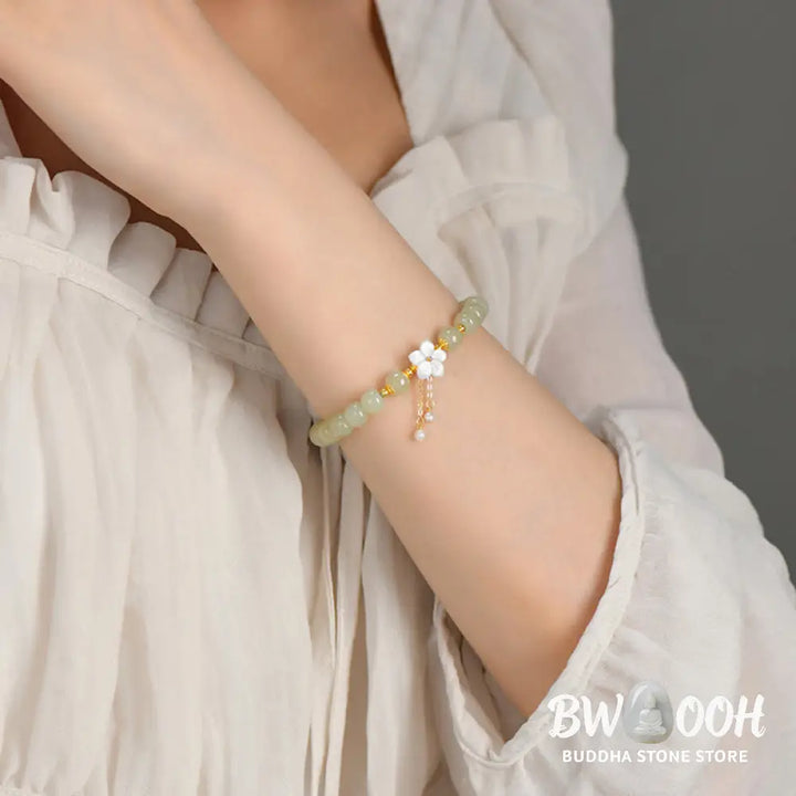 Buddha Stones 925 Sterling Silver Natural Hetian Jade Luck Flower Bracelet - BWOOOH - Hetian Jade(Wrist Circumference