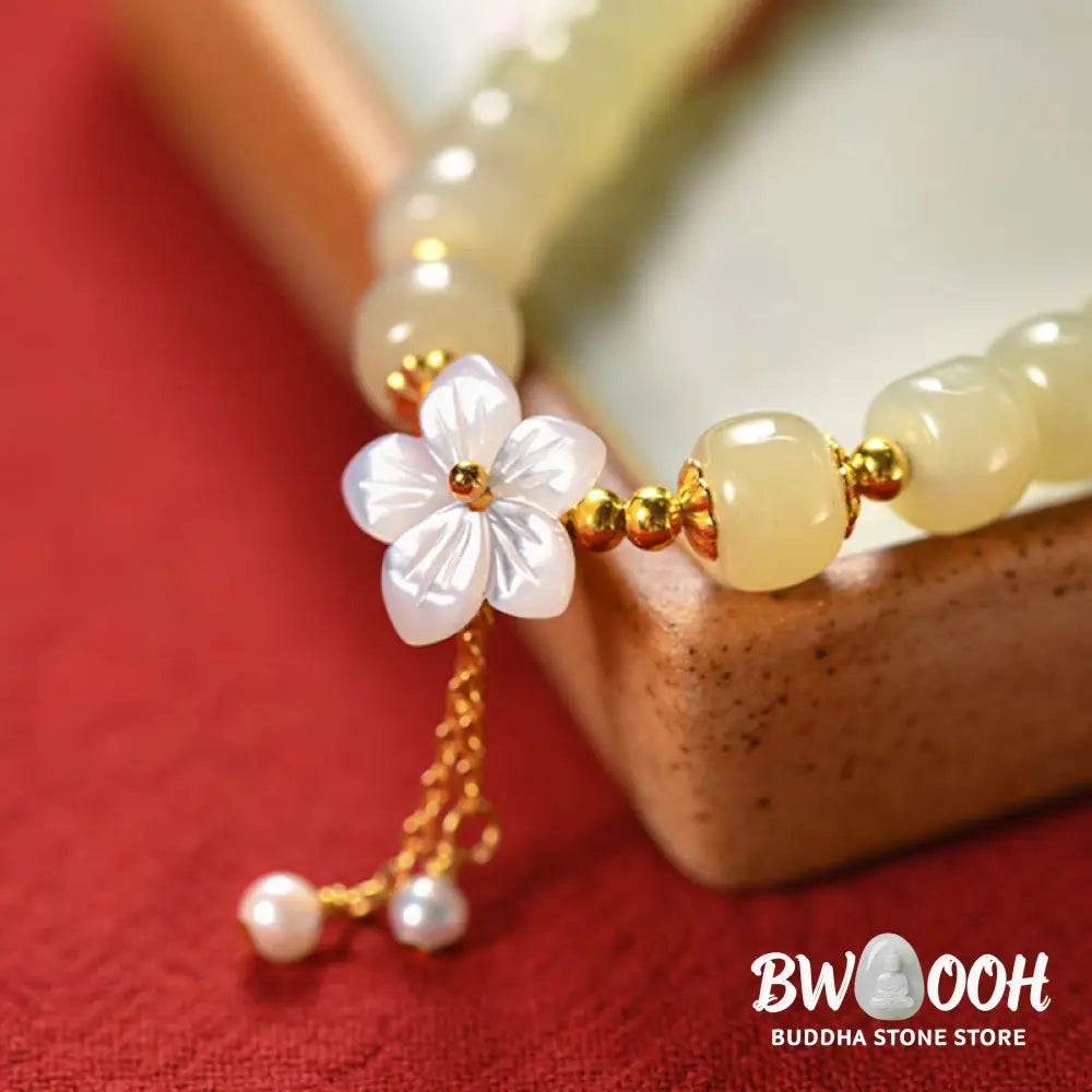 Buddha Stones 925 Sterling Silver Natural Hetian Jade Luck Flower Bracelet - BWOOOH - Hetian Jade(Wrist Circumference