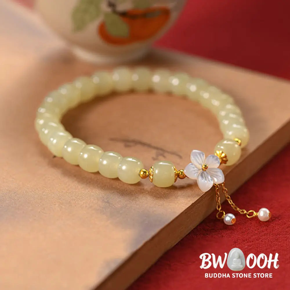Buddha Stones 925 Sterling Silver Natural Hetian Jade Luck Flower Bracelet - BWOOOH - Hetian Jade(Wrist Circumference