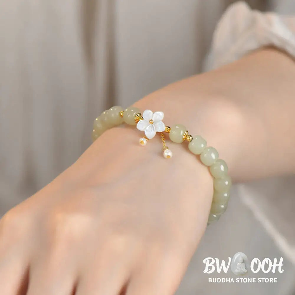 Buddha Stones 925 Sterling Silver Natural Hetian Jade Luck Flower Bracelet - BWOOOH - Hetian Jade(Wrist Circumference