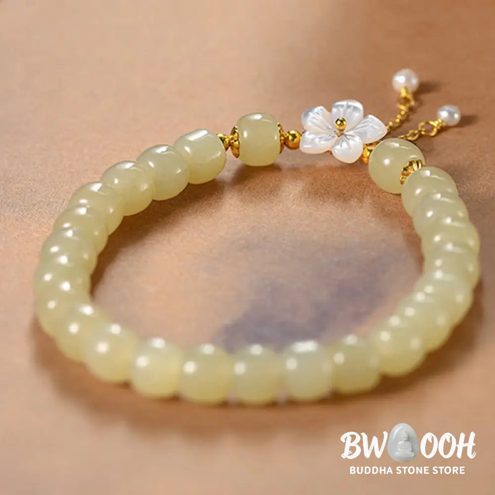 Buddha Stones 925 Sterling Silver Natural Hetian Jade Luck Flower Bracelet - BWOOOH - Hetian Jade(Wrist Circumference