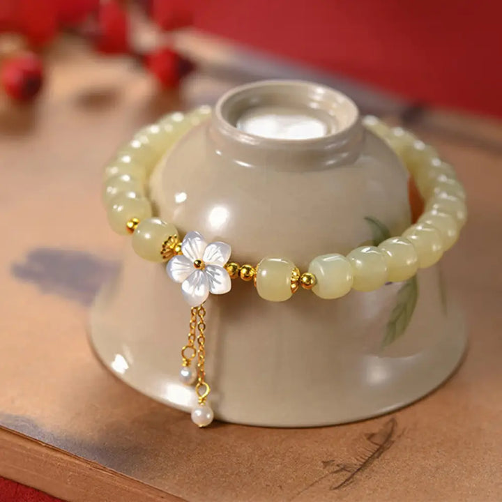 BWOOOH 925 Sterling Silver Natural Hetian Jade Luck Flower Bracelet - BWOOOH - Hetian Jade(Wrist Circumference