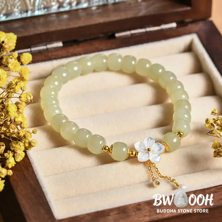 Buddha Stones 925 Sterling Silver Natural Hetian Jade Luck Flower Bracelet - BWOOOH - Hetian Jade(Wrist Circumference
