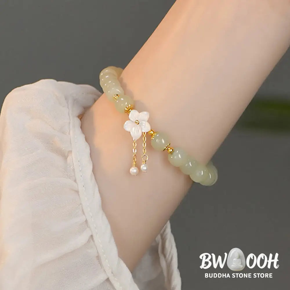 Buddha Stones 925 Sterling Silver Natural Hetian Jade Luck Flower Bracelet - BWOOOH - Hetian Jade(Wrist Circumference