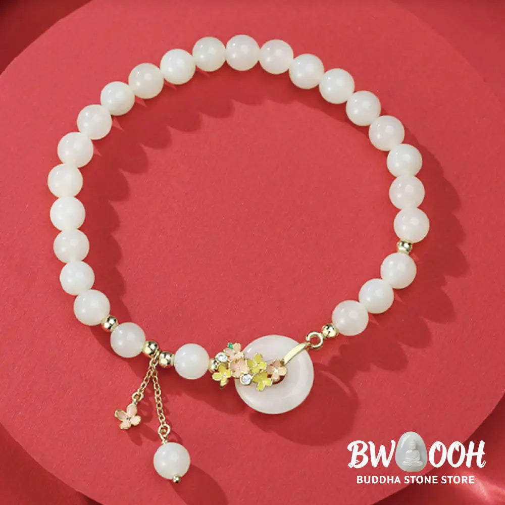 Buddha Stones 925 Sterling Silver Natural Hetian Jade Osmanthus Flowers Peace Buckle Zircon Luck Bracelet Necklace