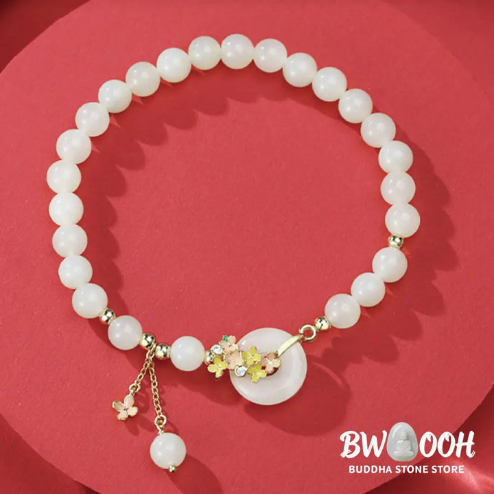 Buddha Stones 925 Sterling Silver Natural Hetian Jade Osmanthus Flowers Peace Buckle Zircon Luck Bracelet Necklace