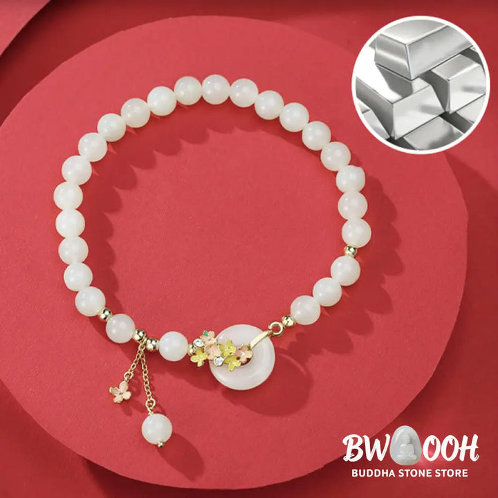 Buddha Stones 925 Sterling Silver Natural Hetian Jade Osmanthus Flowers Peace Buckle Zircon Luck Bracelet Necklace