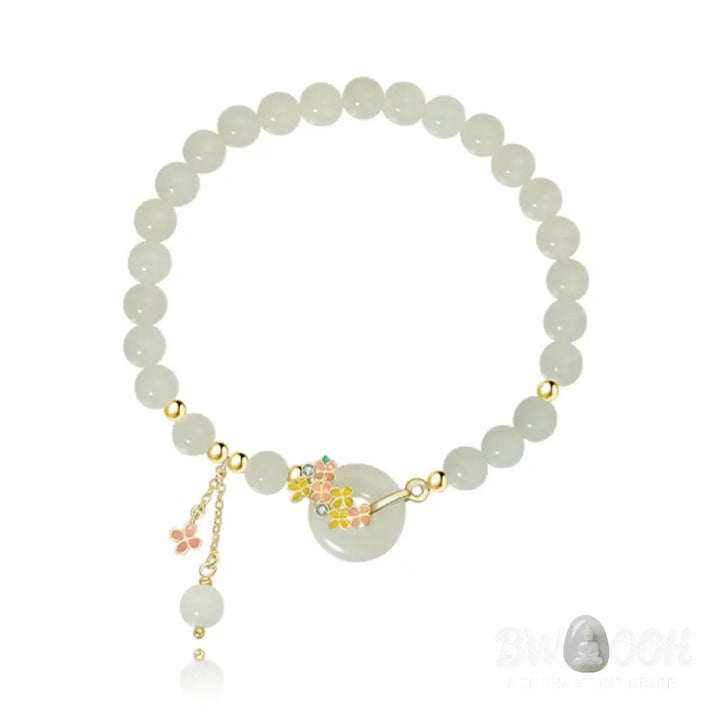 Buddha Stones 925 Sterling Silver Natural Hetian Jade Osmanthus Flowers Peace Buckle Zircon Luck Bracelet Necklace