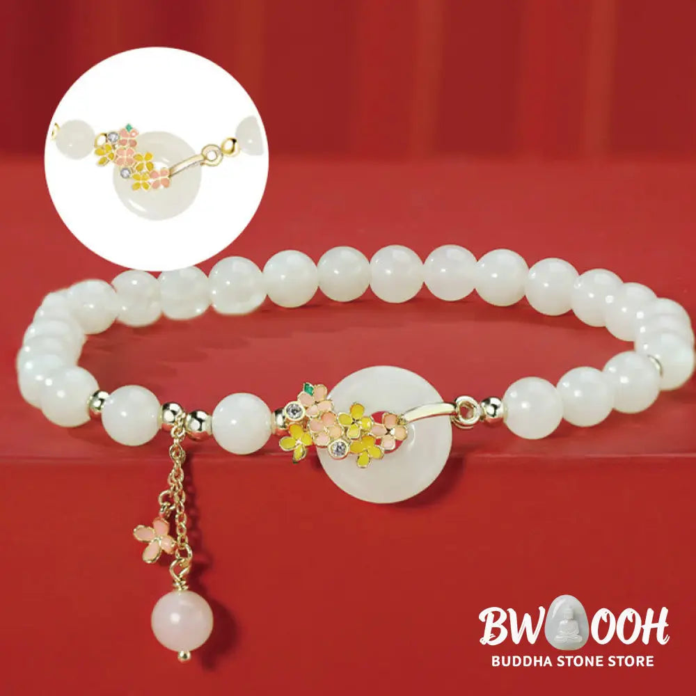 Buddha Stones 925 Sterling Silver Natural Hetian Jade Osmanthus Flowers Peace Buckle Zircon Luck Bracelet Necklace