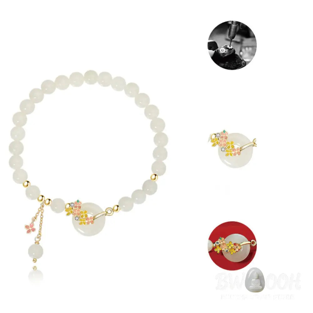 Buddha Stones 925 Sterling Silver Natural Hetian Jade Osmanthus Flowers Peace Buckle Zircon Luck Bracelet Necklace
