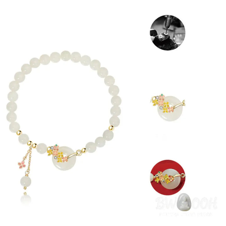 Buddha Stones 925 Sterling Silver Natural Hetian Jade Osmanthus Flowers Peace Buckle Zircon Luck Bracelet Necklace