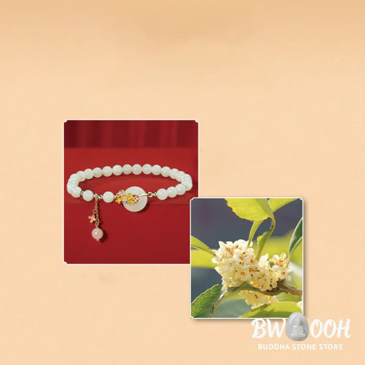 Buddha Stones 925 Sterling Silver Natural Hetian Jade Osmanthus Flowers Peace Buckle Zircon Luck Bracelet Necklace