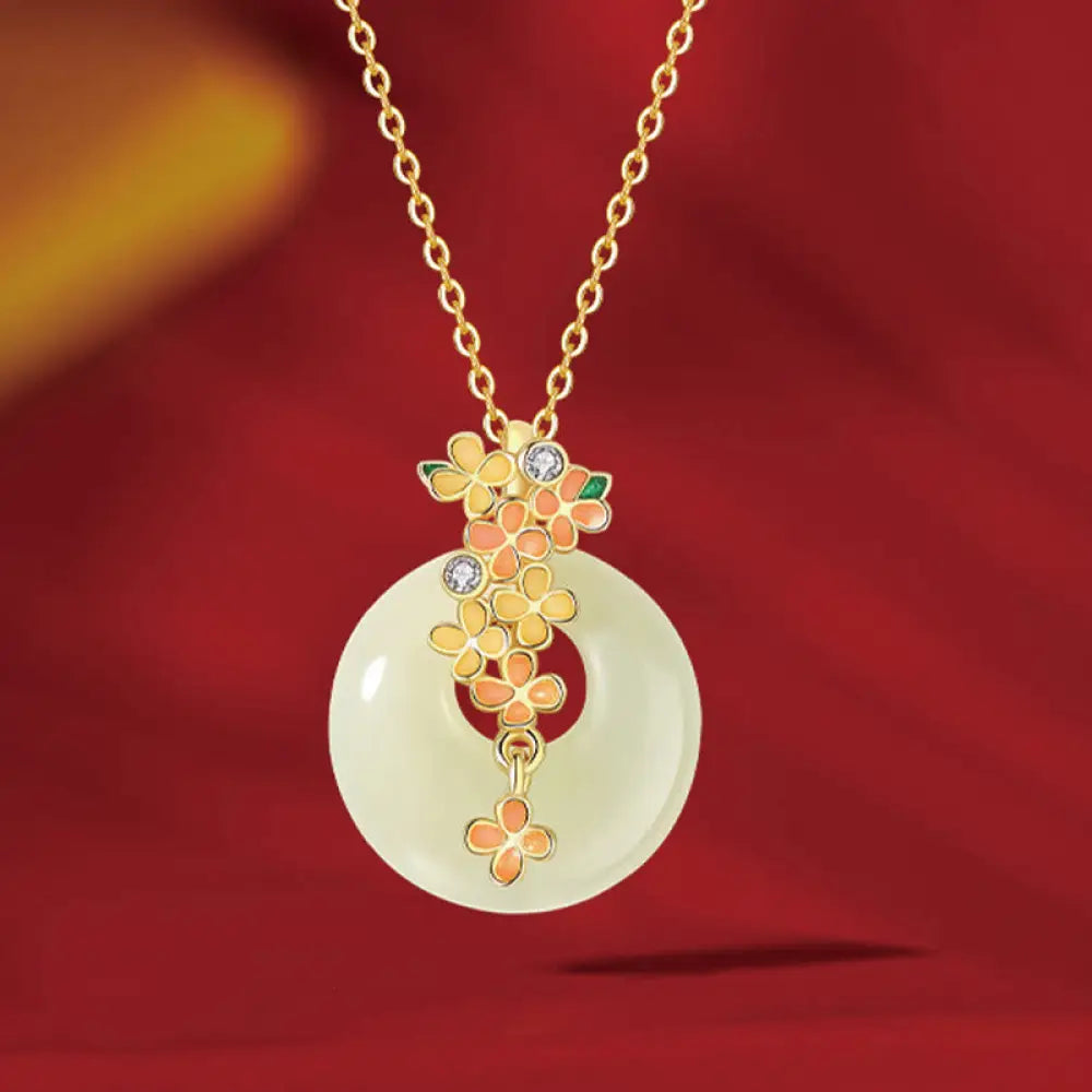 Buddha Stones 925 Sterling Silver Natural Hetian Jade Osmanthus Flowers Peace Buckle Zircon Luck Bracelet Necklace