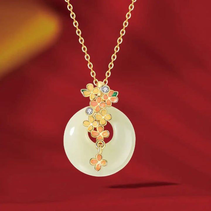 Buddha Stones 925 Sterling Silver Natural Hetian Jade Osmanthus Flowers Peace Buckle Zircon Luck Bracelet Necklace