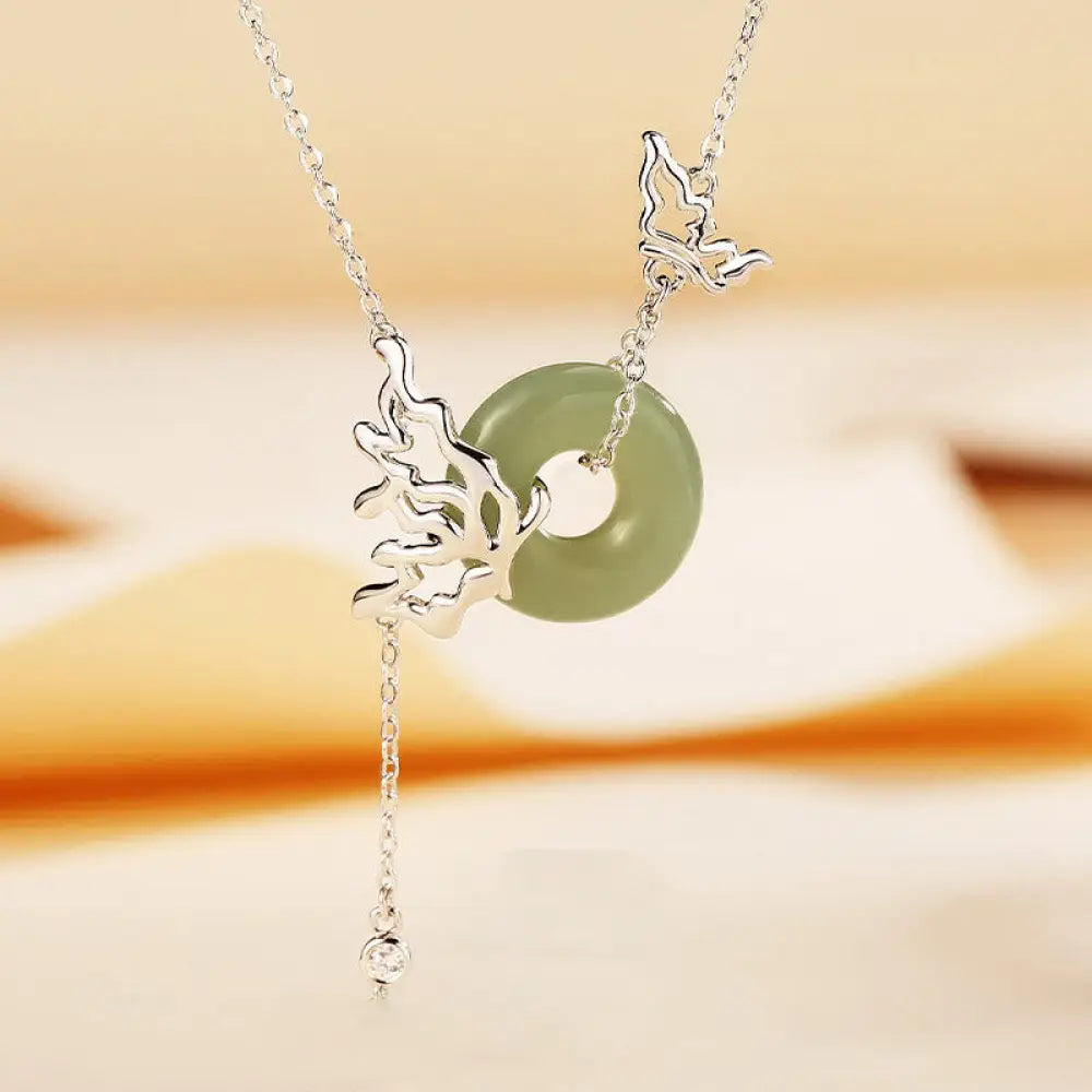 BWOOOH 925 Sterling Silver Natural Hetian Jade Peace Buckle Butterfly Abundance Necklace Pendant - BWOOOH spiritual jewelry inspired by Drolma