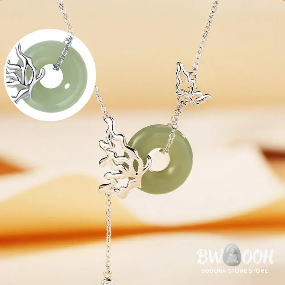 Buddha Stones 925 Sterling Silver Natural Hetian Jade Peace Buckle Butterfly Abundance Necklace Pendant - BWOOOH