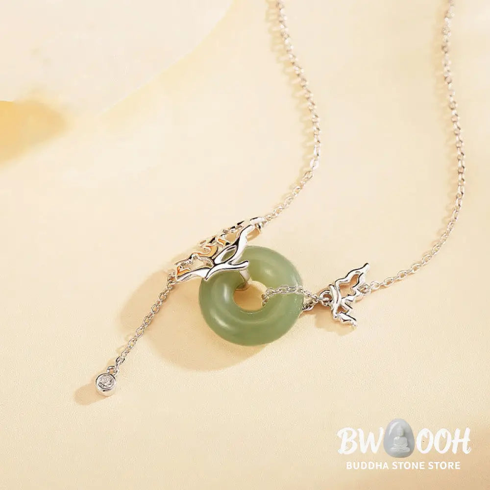 Buddha Stones 925 Sterling Silver Natural Hetian Jade Peace Buckle Butterfly Abundance Necklace Pendant - BWOOOH