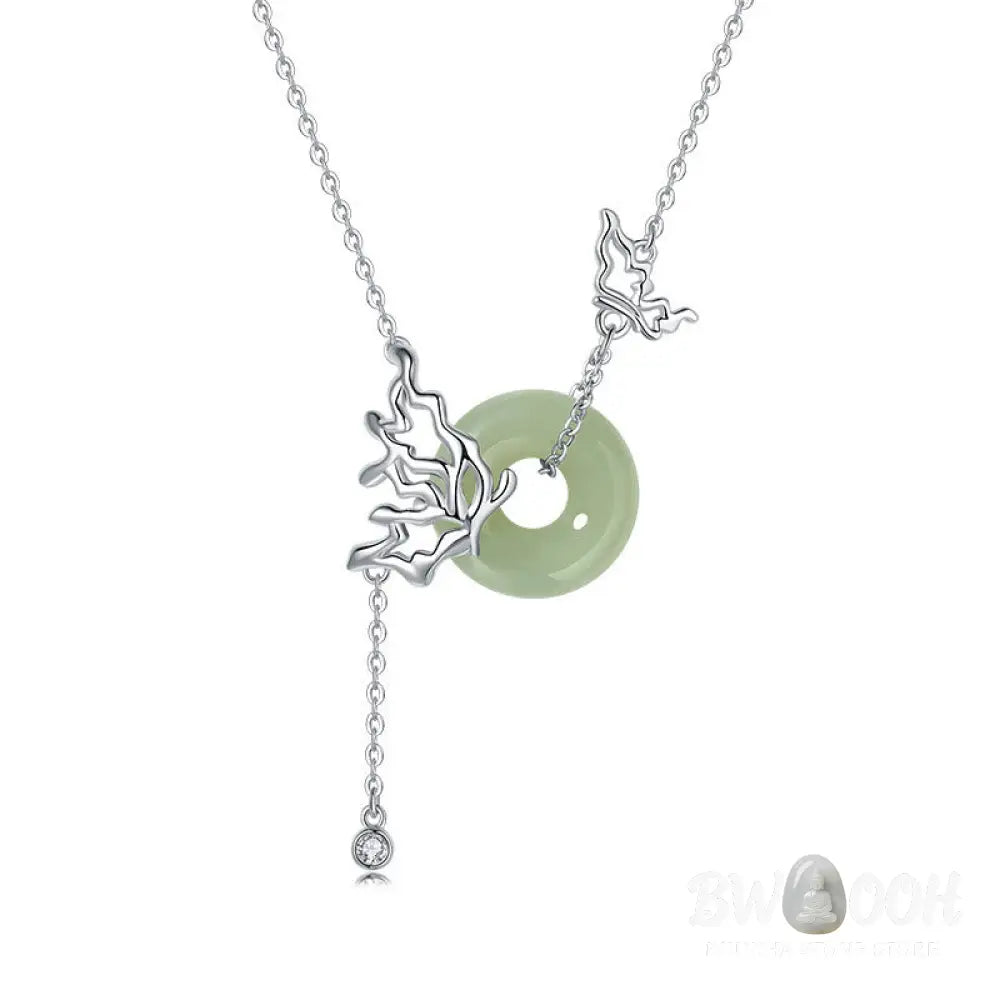 Buddha Stones 925 Sterling Silver Natural Hetian Jade Peace Buckle Butterfly Abundance Necklace Pendant - BWOOOH