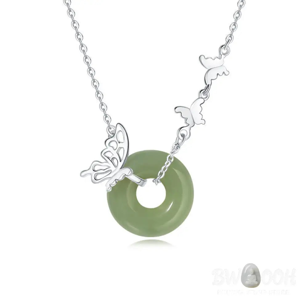 Buddha Stones 925 Sterling Silver Natural Hetian Jade Peace Buckle Butterfly Luck Prosperity Bracelet Necklace Pendant