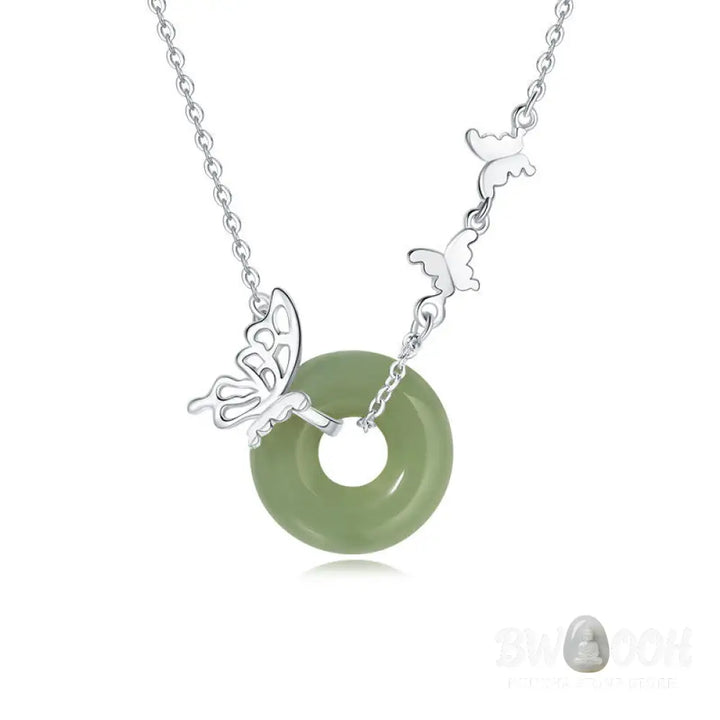 Buddha Stones 925 Sterling Silver Natural Hetian Jade Peace Buckle Butterfly Luck Prosperity Bracelet Necklace Pendant