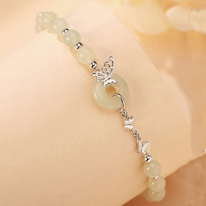 Buddha Stones 925 Sterling Silver Natural Hetian Jade Peace Buckle Butterfly Luck Prosperity Bracelet Necklace Pendant