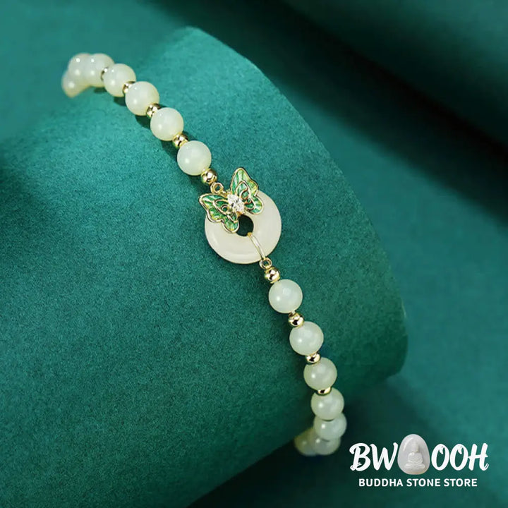 Buddha Stones 925 Sterling Silver Natural Hetian Jade Peace Buckle Butterfly Zircon Luck Bracelet Necklace Pendant
