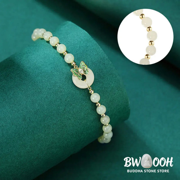 Buddha Stones 925 Sterling Silver Natural Hetian Jade Peace Buckle Butterfly Zircon Luck Bracelet Necklace Pendant
